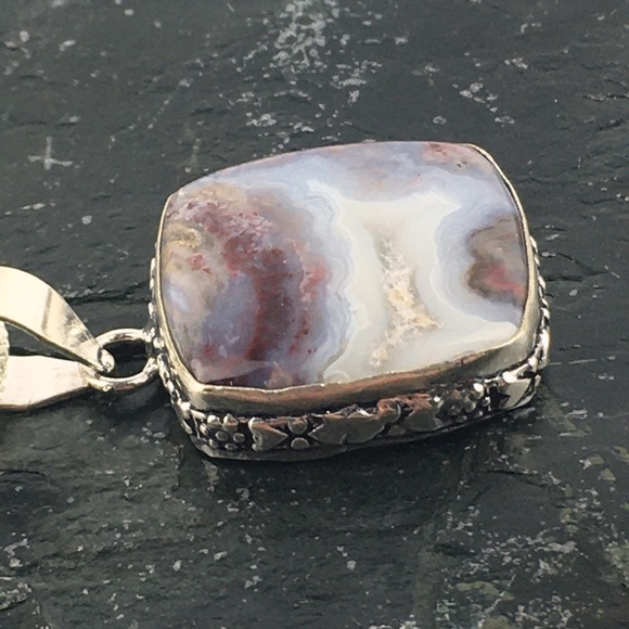 New Crazy Lace Agate Stone Silver Pendant Necklace - Picture 8 of 9